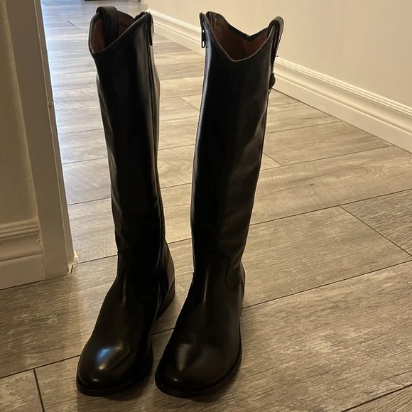 Frye Black Leather Knee-High Heeled Boots - Picture 3 of 7